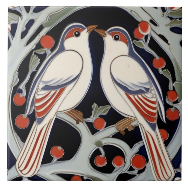 Birds & Berries Art Nouveau Red Bird Art Deco Ceramic Tile (Front)