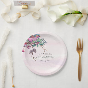 Birds & Berries Pinecone Watercolor Winter Wedding Paper Plate