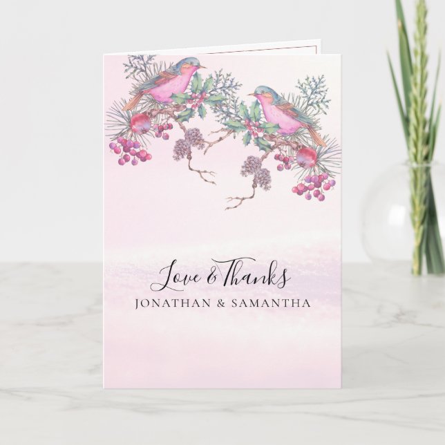 Birds & Berries Pinecone Watercolor Winter Wedding Thank You Card (Front)