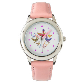 BIRDS Bezel Stainless Steel Pink Hearts Watch