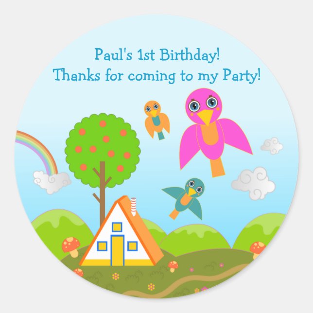 Birds Birthday Party thank you note Classic Round Sticker (Front)