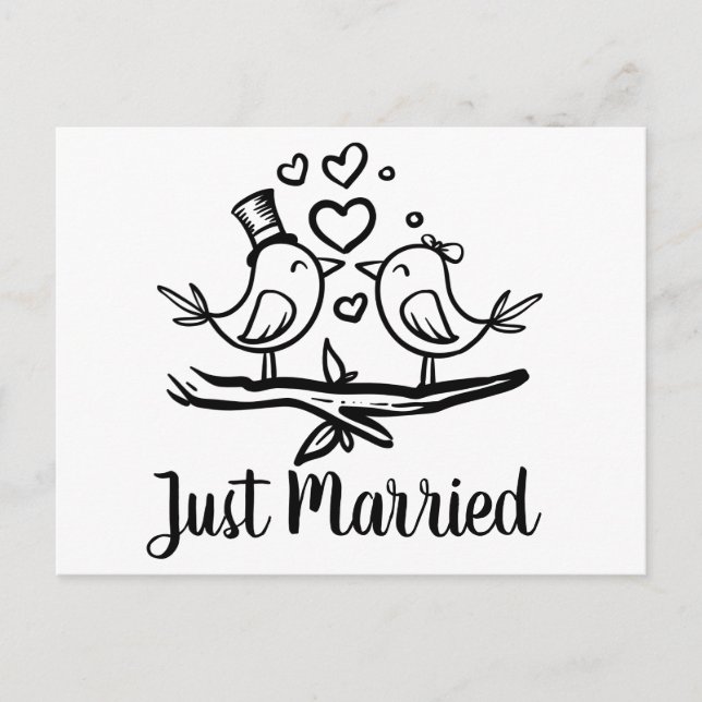 Birds Black White Lovebirds Just Married Wedding Announcement Postcard (Front)