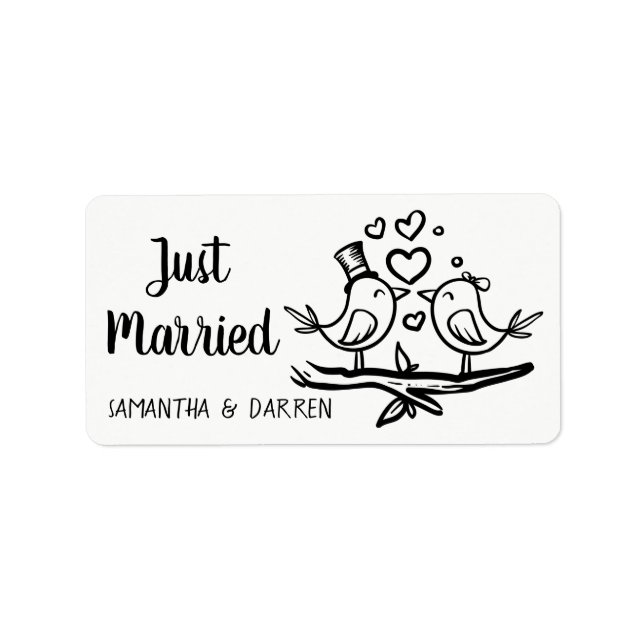 Birds Black White Lovebirds Wedding Just Married Label (Front)