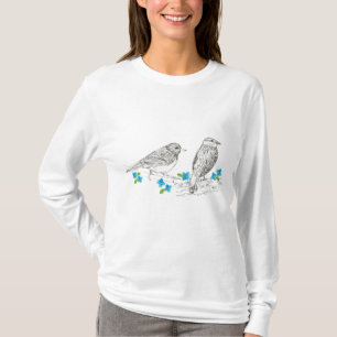Birds Blue Flowers Nature Drawing T-Shirt