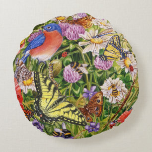 Birds, Butterflies and Bees Round Cushion