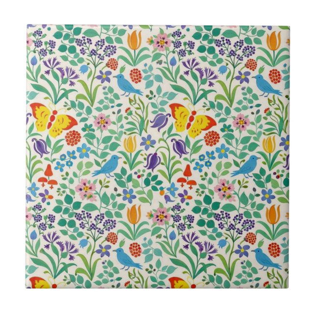 Birds, Butterflies & Wildflowers Pattern Ceramic Tile (Front)