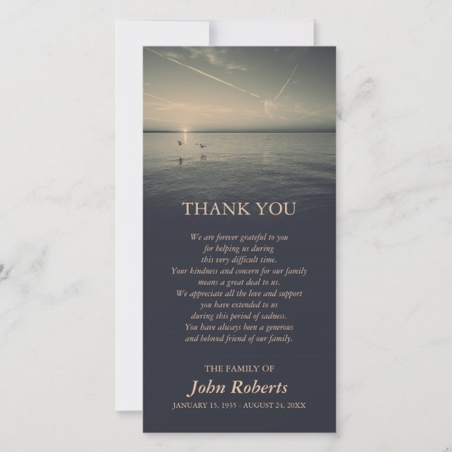 Birds by Ocean Sunrise Memorial Service Thank You Card (Front)