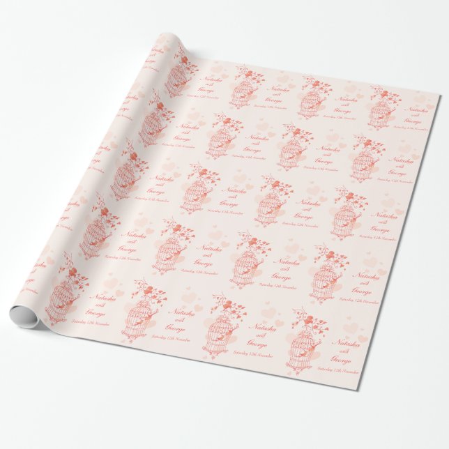 Birds cage coral orange wedding custom wrap wrapping paper (Unrolled)
