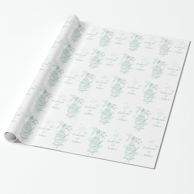 Birds cage green and white wedding custom wrap wrapping paper (Unrolled)