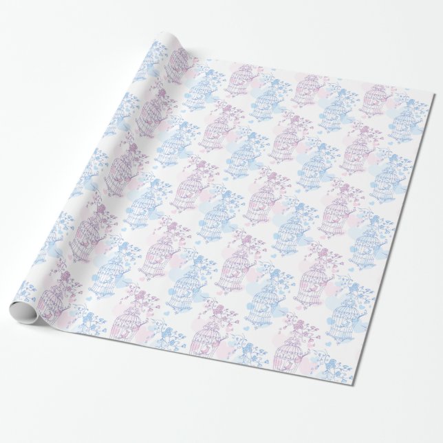 Birds cage purple pink blue wedding wrap wrapping paper (Unrolled)