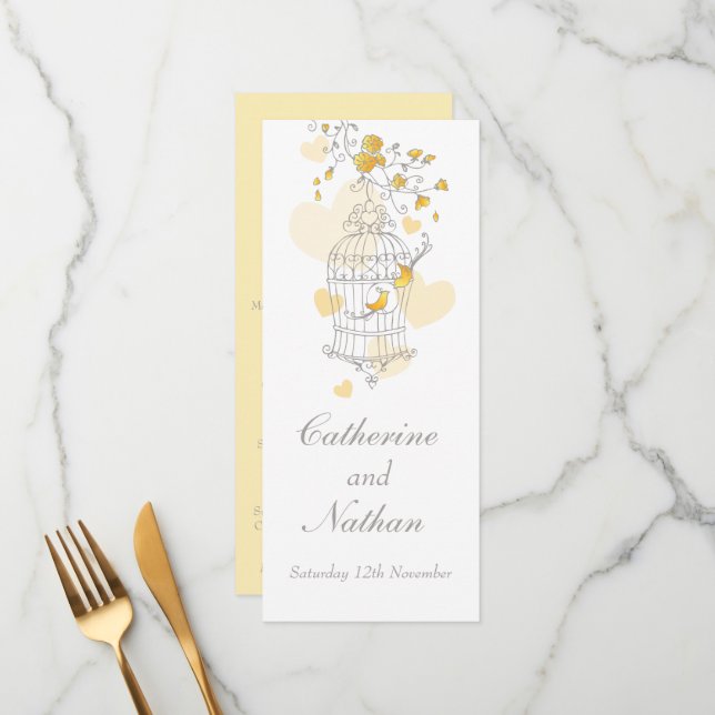 Birds cage yellow grey wedding dinner menu (Front/Back In Situ)