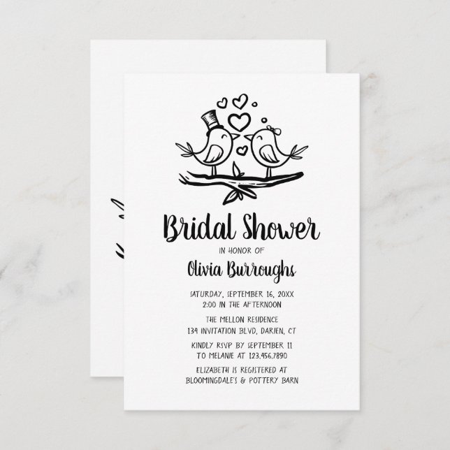 Birds Cartoon  Black White Lovebirds Bridal Shower Invitation (Front/Back)