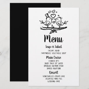 Birds Cartoon Lovebirds Black Wedding Menu