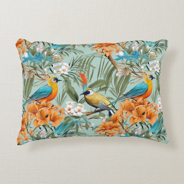 Birds Chinoiserie Mint Orange Decorative Cushion (Front)