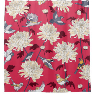 Birds & Chrysanthemums: Floral Vintage Shower Curtain