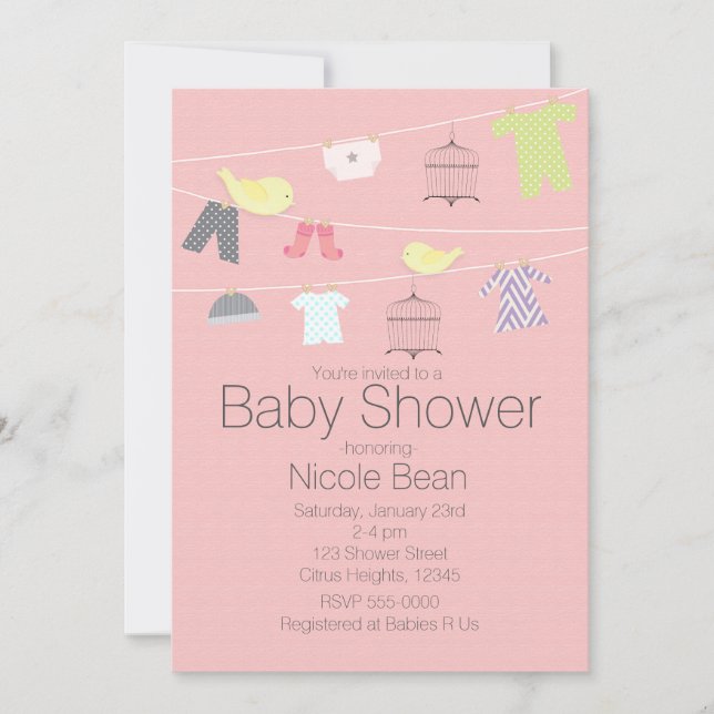 Birds & Clothes on a wire Baby Shower Invitations (Front)