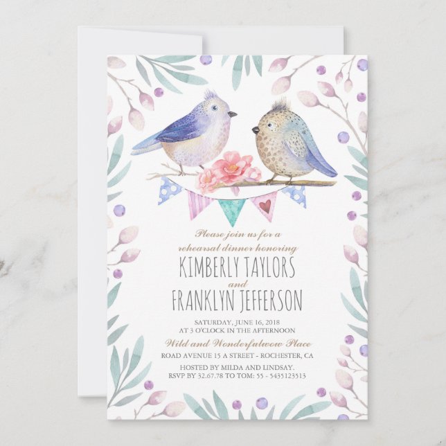 Birds Couple Cute Rehearsal Dinner Invitation (Front)