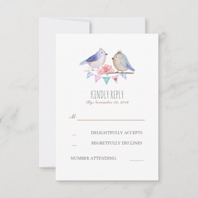 birds couple rustic woodland wedding rsvp card (Front)