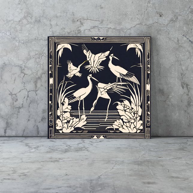 Birds Cranes Black and White Art Deco Nouveau Ceramic Tile (birds tiles are a vintage Art Deco style with cranes in black and cream geometric style)