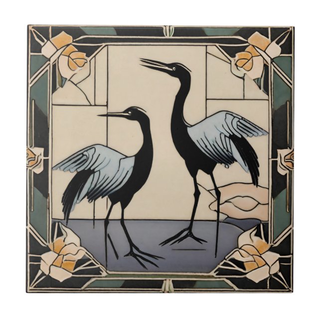 Birds Cranes Flowers Art Deco Nouveau Decorative Ceramic Tile (Front)