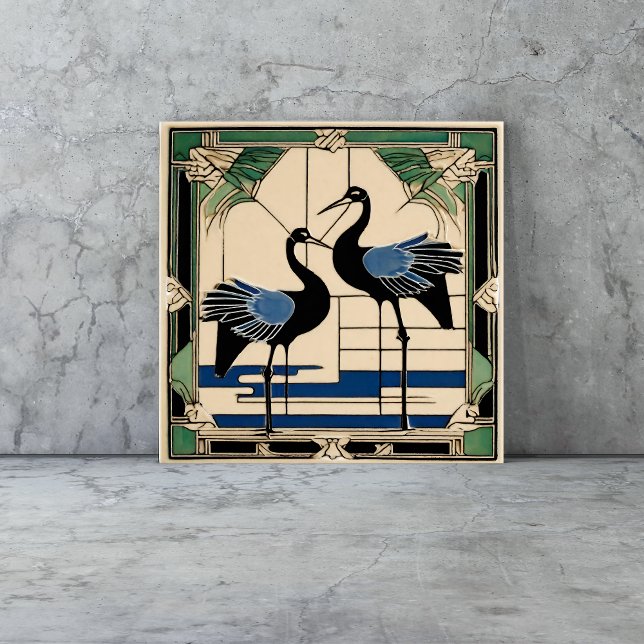 Birds Cranes in Lake Art Deco Art Nouveau Ceramic Tile (birds tiles are a vintage Art Deco style with cranes in blue and green geometric style)