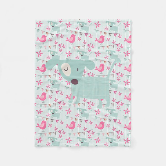Birds, Dogs, Banners, Flowers Fleece Blanket (Front)