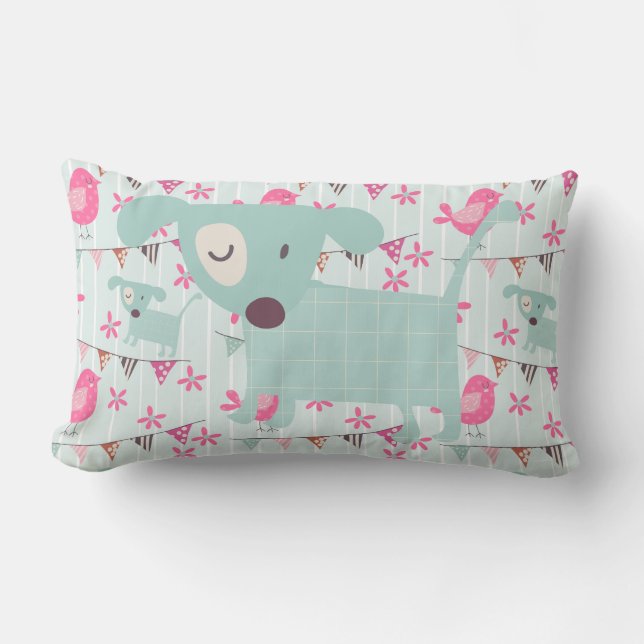 Birds, Dogs, Banners, Flowers Lumbar Cushion (Front)