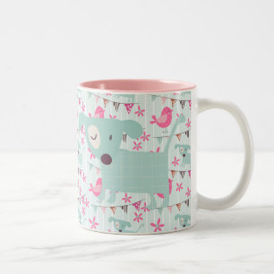 Birds, Dogs, Banners, Flowers Two-Tone Coffee Mug
