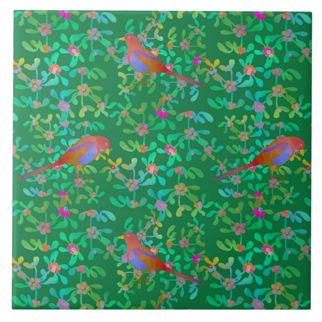 Birds Doing Brunch at Misty Forest Ceramic Tile (Front)