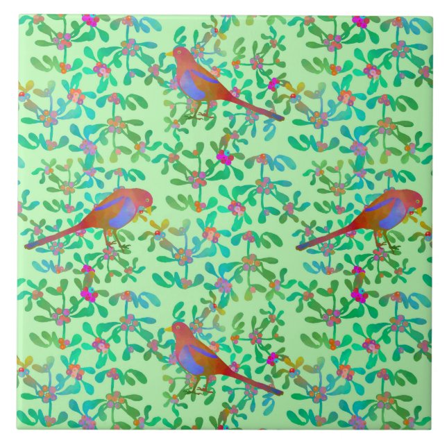 Birds Doing Brunch in a Spring Morning Mist Ceramic Tile (Front)