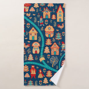 Bird's eye view. Houses,forest,dwarves,bears,foxes Bath Towel