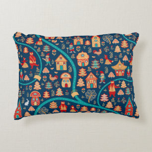 Bird's eye view. Houses,forest,dwarves,bears,foxes Decorative Cushion