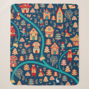 Bird's eye view. Houses,forest,dwarves,bears,foxes Sherpa Blanket