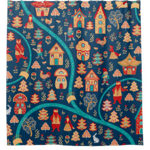 Bird's eye view. Houses,forest,dwarves,bears,foxes Shower Curtain
