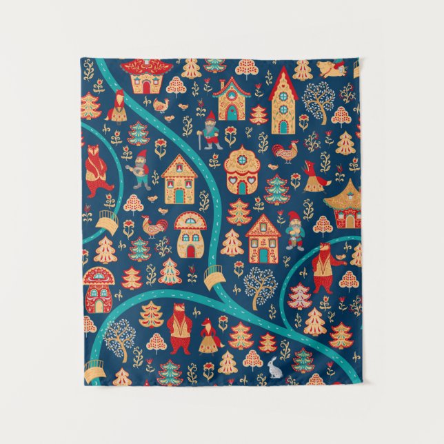 Bird's eye view. Houses,forest,dwarves,bears,foxes Tapestry (Front)