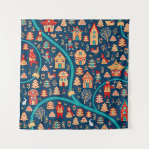 Bird's eye view. Houses,forest,dwarves,bears,foxes Tapestry