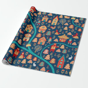 Bird's eye view. Houses,forest,dwarves,bears,foxes Wrapping Paper