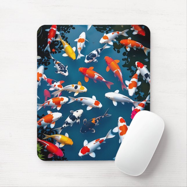 Bird's Eye View of Colourful Koi Fish Pond Mouse Pad (With Mouse)