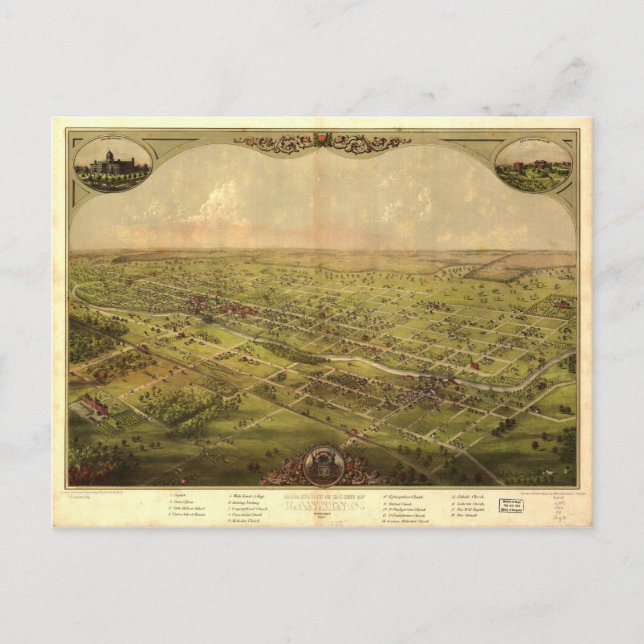 Bird's Eye View of Lansing, Michigan (1866) Postcard (Front)