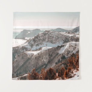 BIRD'S-EYE VIEW OF SNOW COVERED MOUNTAIN UNDER CLE TAPESTRY