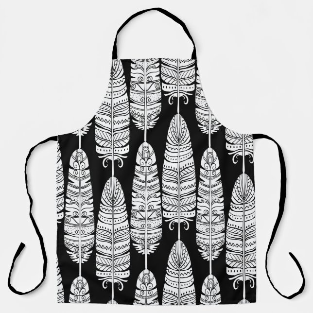 Birds feathers boho seamless pattern in black and  apron (Front)