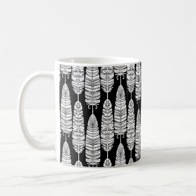 Birds feathers boho seamless pattern in black and  coffee mug (Left)