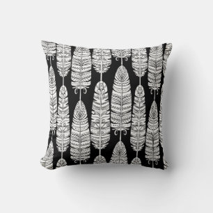 Birds feathers boho seamless pattern in black and cushion