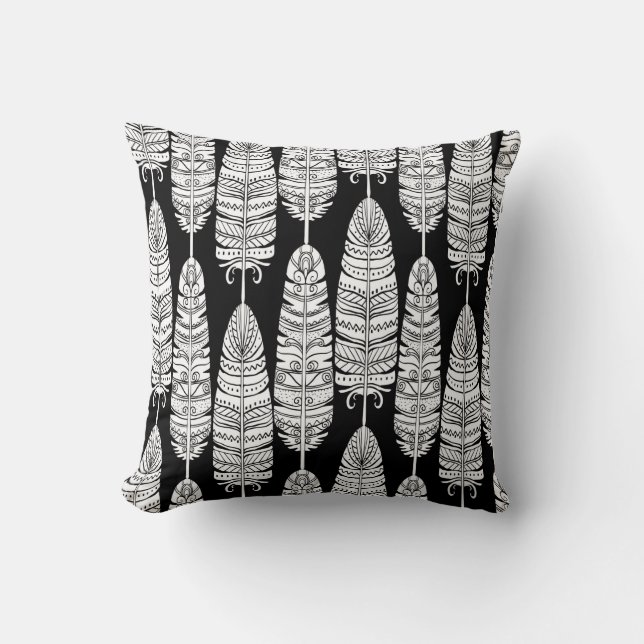 Birds feathers boho seamless pattern in black and  cushion (Front)