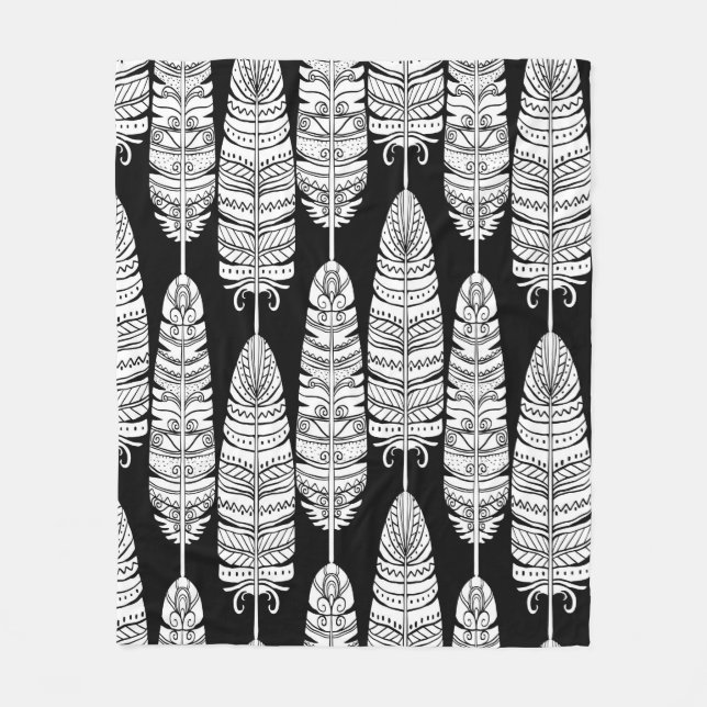 Birds feathers boho seamless pattern in black and  fleece blanket (Front)