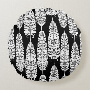 Birds feathers boho seamless pattern in black and round cushion
