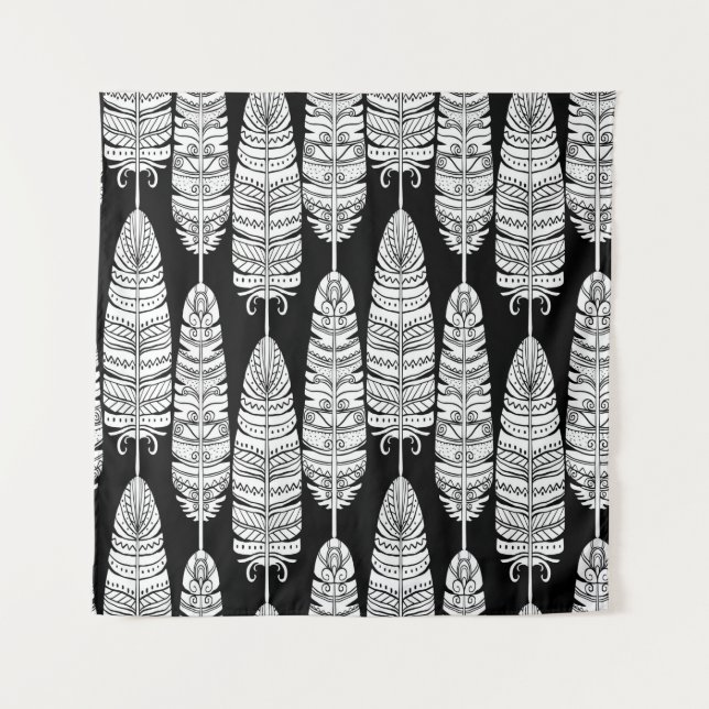 Birds feathers boho seamless pattern in black and  tapestry (Front)