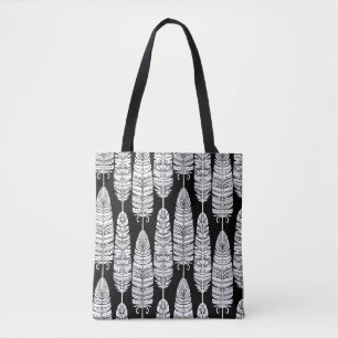 Birds feathers boho seamless pattern in black and tote bag