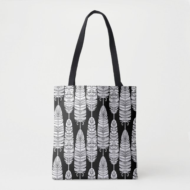 Birds feathers boho seamless pattern in black and  tote bag (Front)