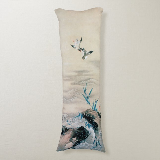 Birds Fighting in the Mountain Stream, Hokusai Body Cushion (Front Vertical)